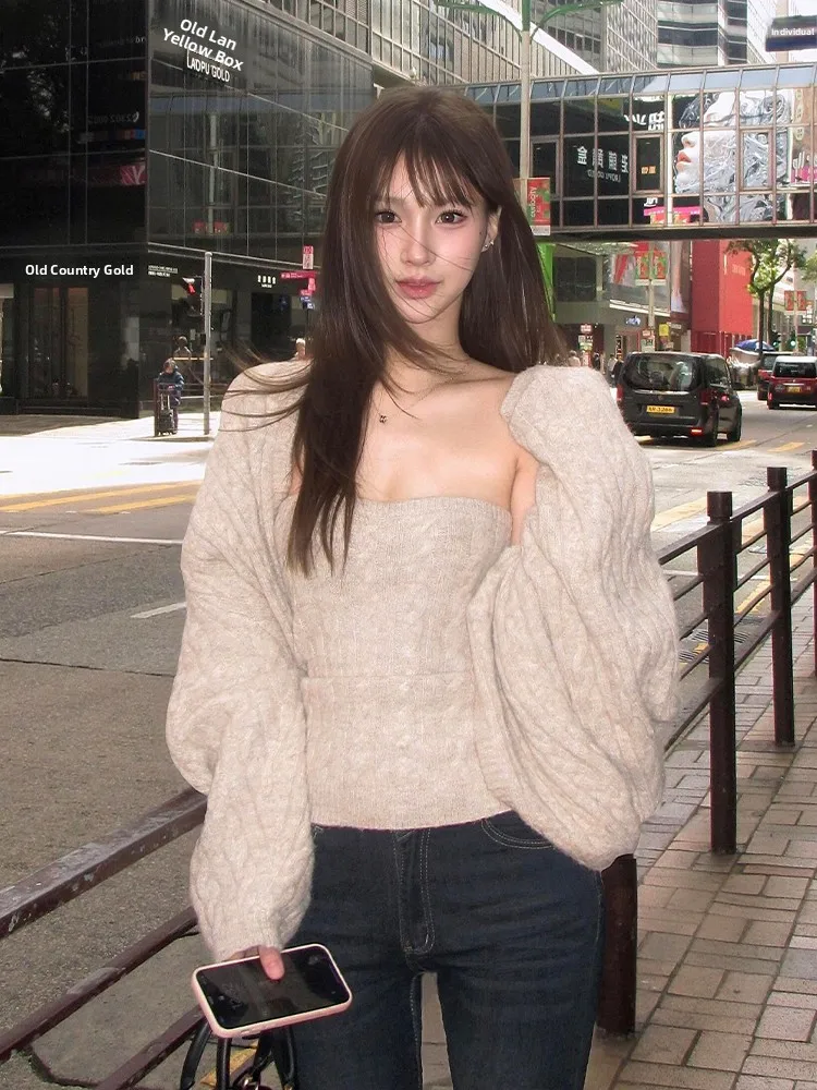 

Ladies Lazy Style Knitted Shoulder Wrap Top And Bottom Set Loose Fit Long Sleeve Warm Cardigan for Autumn Winter Street Fashion