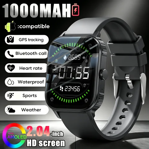 2026 New Sports Fashion Smart Watch 1000MAH Large Battery 2.04'' HD Screen GPS IP68 Waterproof Bluetooth Call Health Monitoring