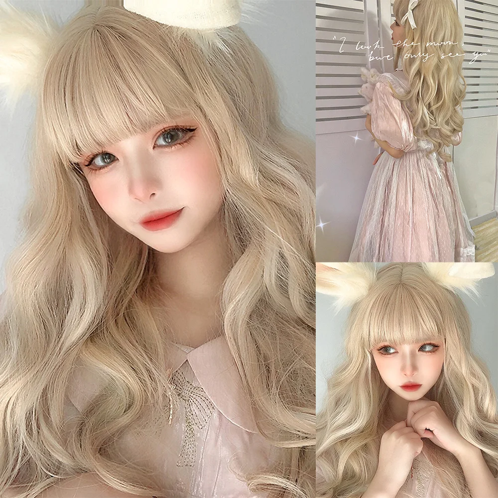 Lolita Wig sintetik 24 inci warna putih sorot emas dengan poni Wig rambut bergelombang alami panjang untuk penggunaan sehari-hari wanita tahan panas