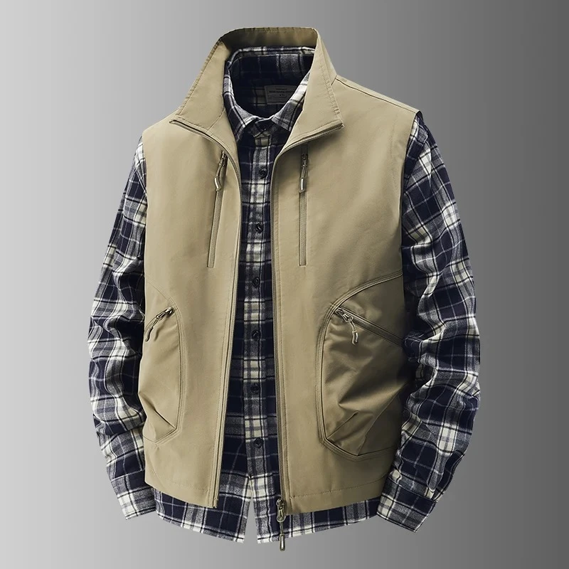 

2025 Autumn Cargo Vest Jacket Men's Casual Stand-up Collar Multi-bag Cargo Coat Shoulder Outdoor Fishing Oversized Vest Jackets