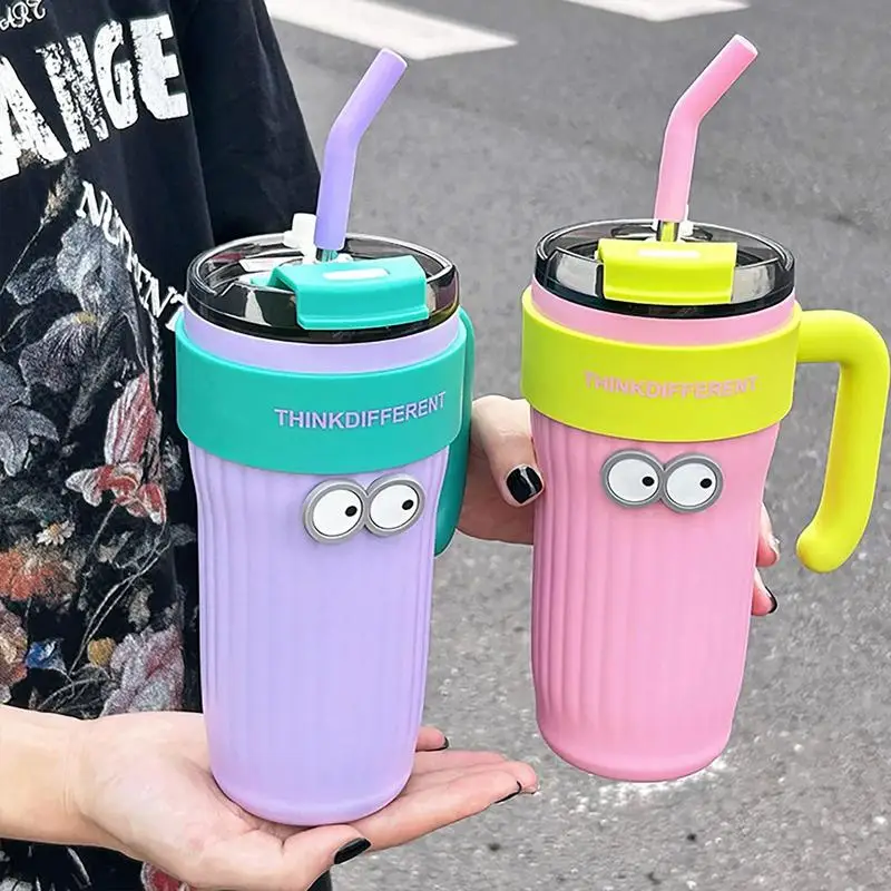 Tumbler Mug Insulated Coffee Mug With 3D Eye Sticker Leakproof Large Capacity Tumbler Mug With Straw For Smoothie Coffee Iced