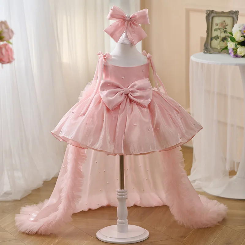 2026 New Children Spaghetti Strap Fashion Long Train Party Elegant Gown Pink Girls Heavy Embroidery Tulle Dress Pageant Attire
