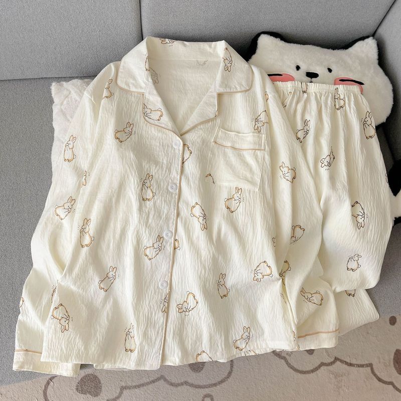  Autumn and Winter Two-Piece Women's Printed Pajamas, Long Sleeved Button Up Collar Top and Pants, Loose Casual Home Suit Set 