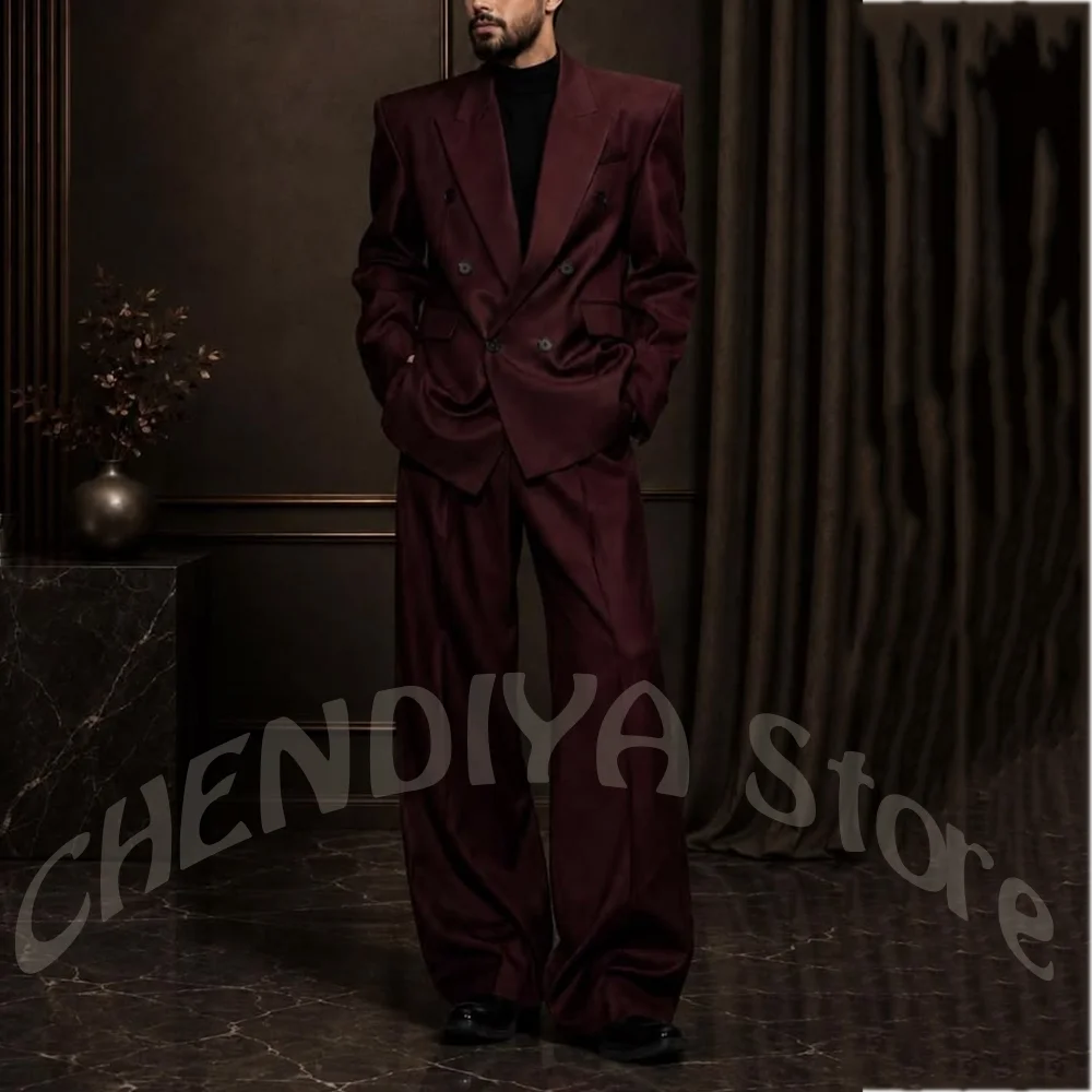 Classic Men Double Breasted Suit 2 Piece Set Oversize Burgundy Loose Casual Peak Lapel Fashion Male Matching Outfit Jacket Pants