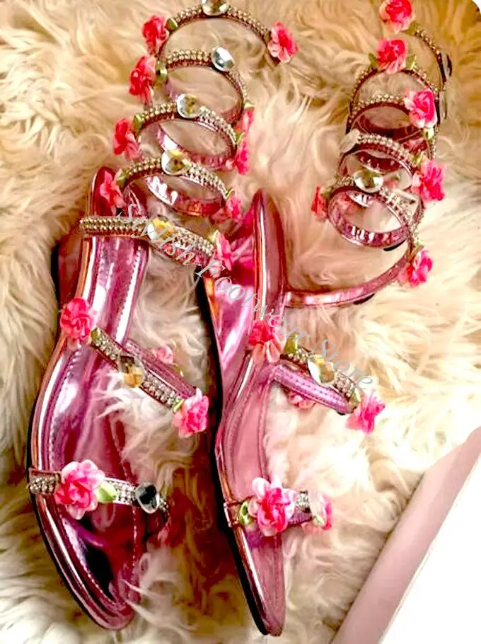Romantic Pink Flower Crystal Embellish Strappy Leg Twine Coiled Sandals Boots Wedges High Heels Rhinestone Bridal Summer Botas view 6