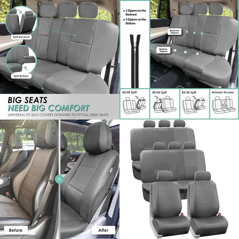 

Seat Covers, PU Leather 3 Row w. 7 Headrests - Fit Most Car, Truck, SUV, Van (Solid Gray-128), Universal Fit
