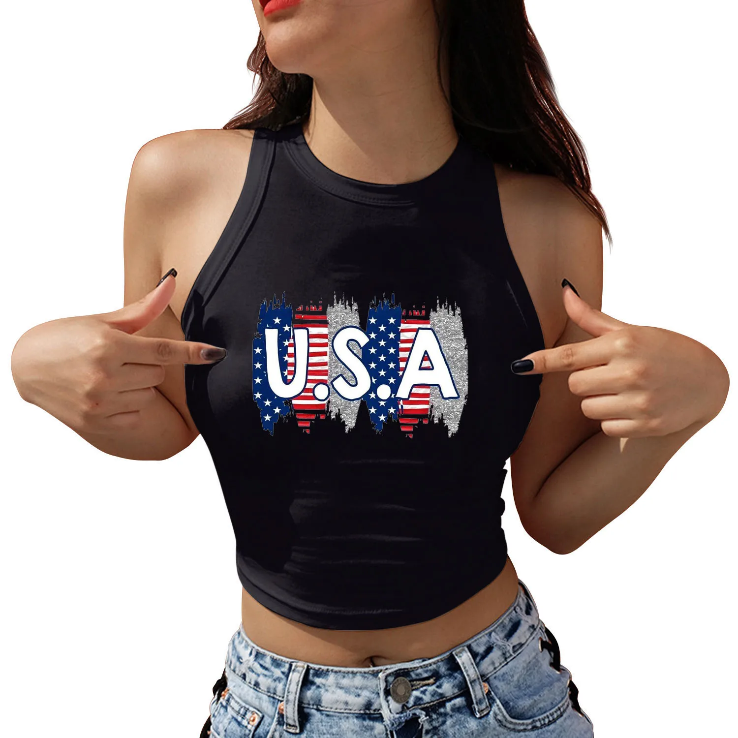 Peace Love America 4th July US American Flag Women Y2K Crop Top Sleeveless Shirts Girls Sexy Tops Streetwaer Clothes Tank Tops