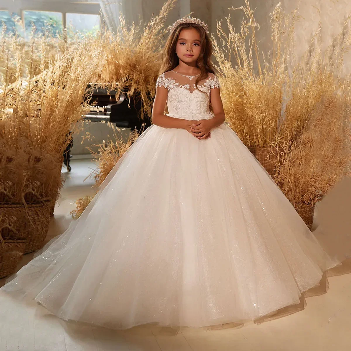 Abiti da ballo personalizzati per bambina Abiti da ragazza di fiori in tulle con strascico di corte Abiti da ballo per feste di compleanno Principessa