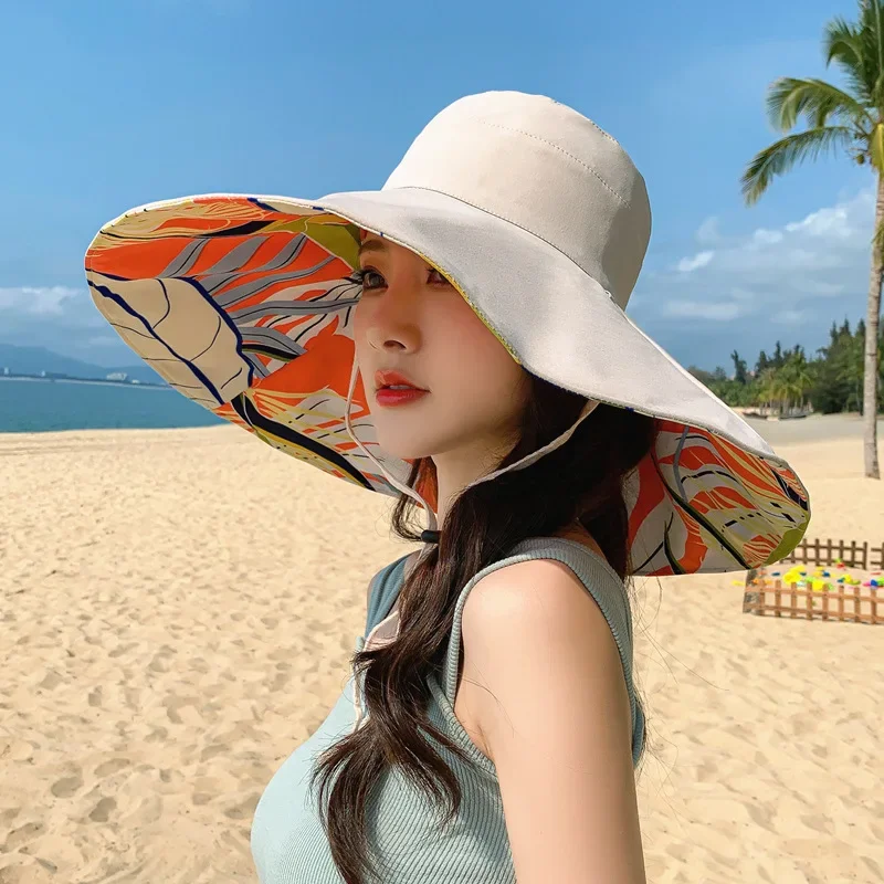 18cm Large Brim Women Summer Double-sided Brim Hat Sun Protection Flower Beach Cap Lady Outdoor Elegant Sunscreen Headgear