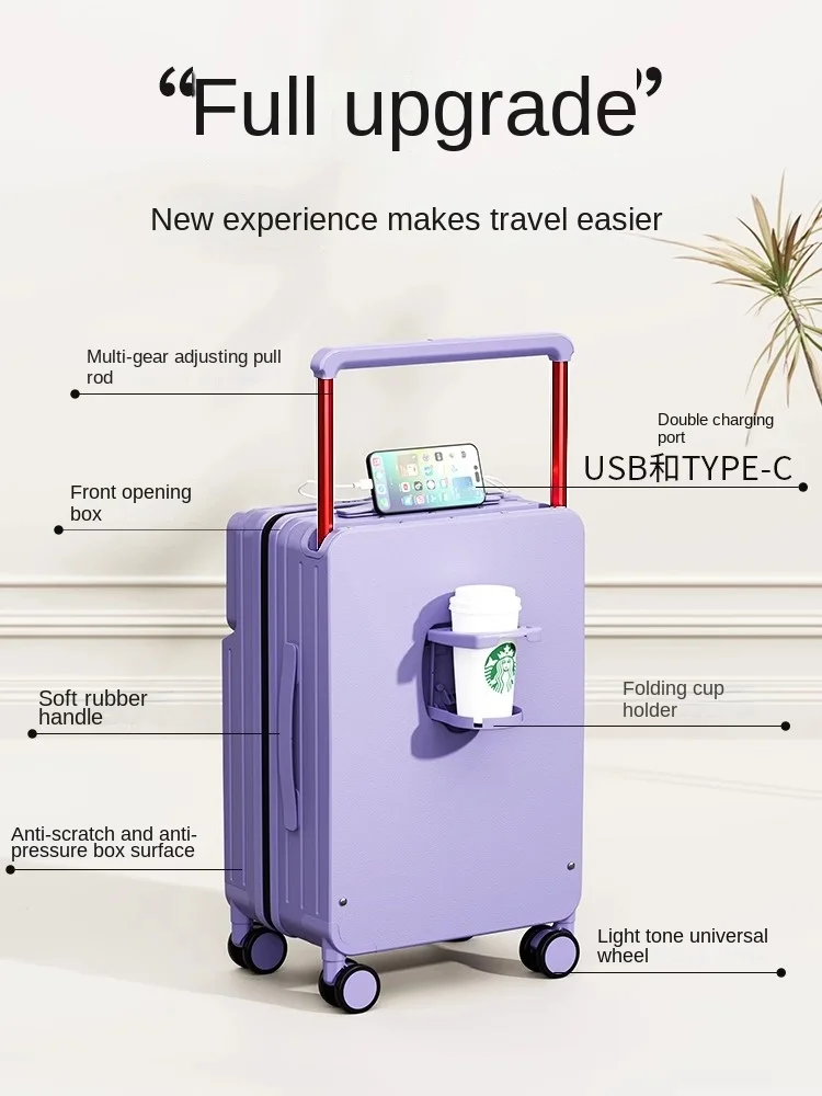 Wide Pull Rod Suitcase Women 2024 New Rolling Luggage 20 inch Front Half-open Cabin Suitcase Large-Capacity Trolley Case