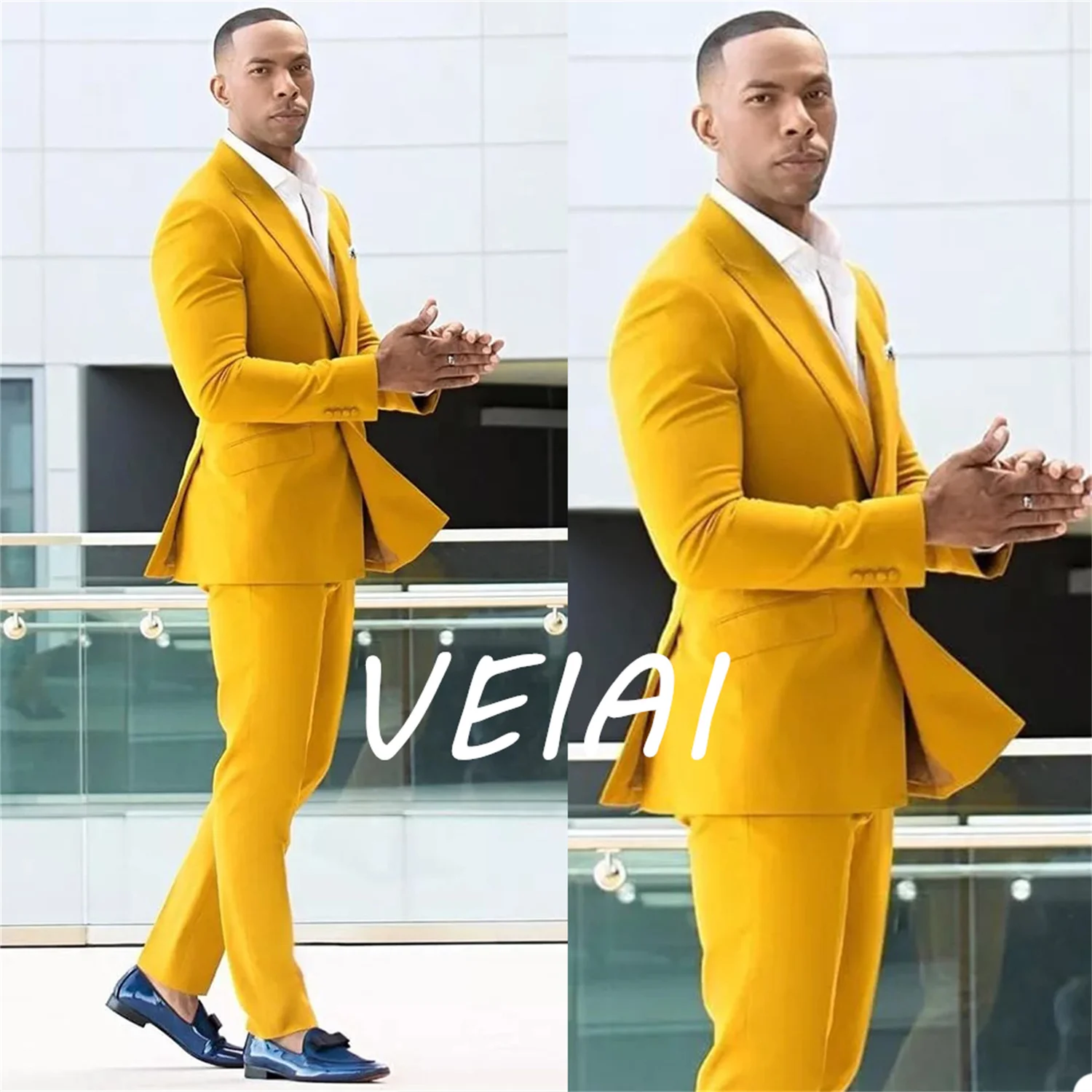 Yellow Soild Mens Suit Hot Selling Blazer SetsOne Button Groom Wedding Prom Party Dinner Tuxedos Custom Made 2 Pieces