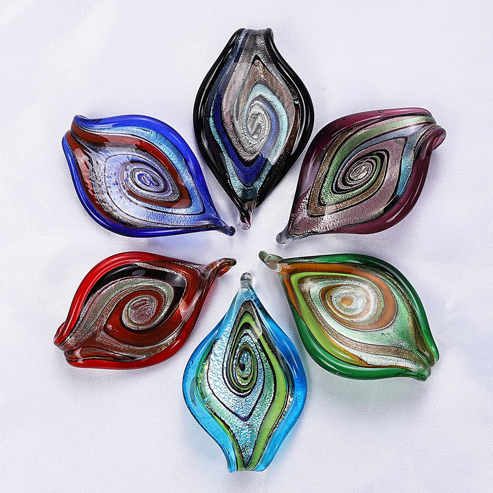 Qianbei Wholesale 6pcs Handmade Murano Lampwork Glass Mix Color Big Leaves Pendant Fit Necklace Jewelry Gifts