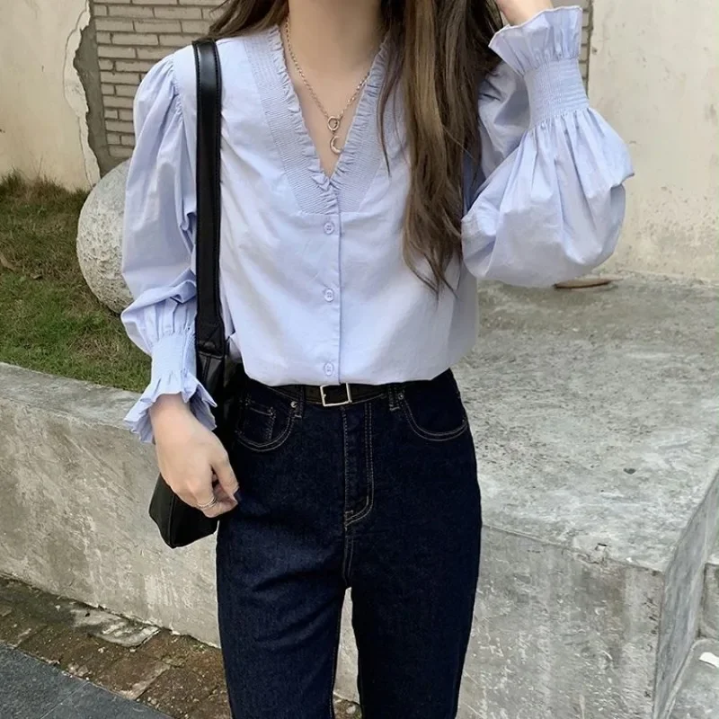 

Femme Spring Summer Korean Simplicity Button Solid Color Women Shirts Trend Fashionable Chiffon V-neck Versatile Long Sleeve Top