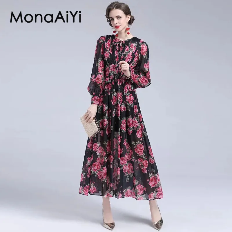 MonaAiYi-Robe à lacets pour femmes, col rond, style bohème, vintage, imprimé, grande balançoire, été