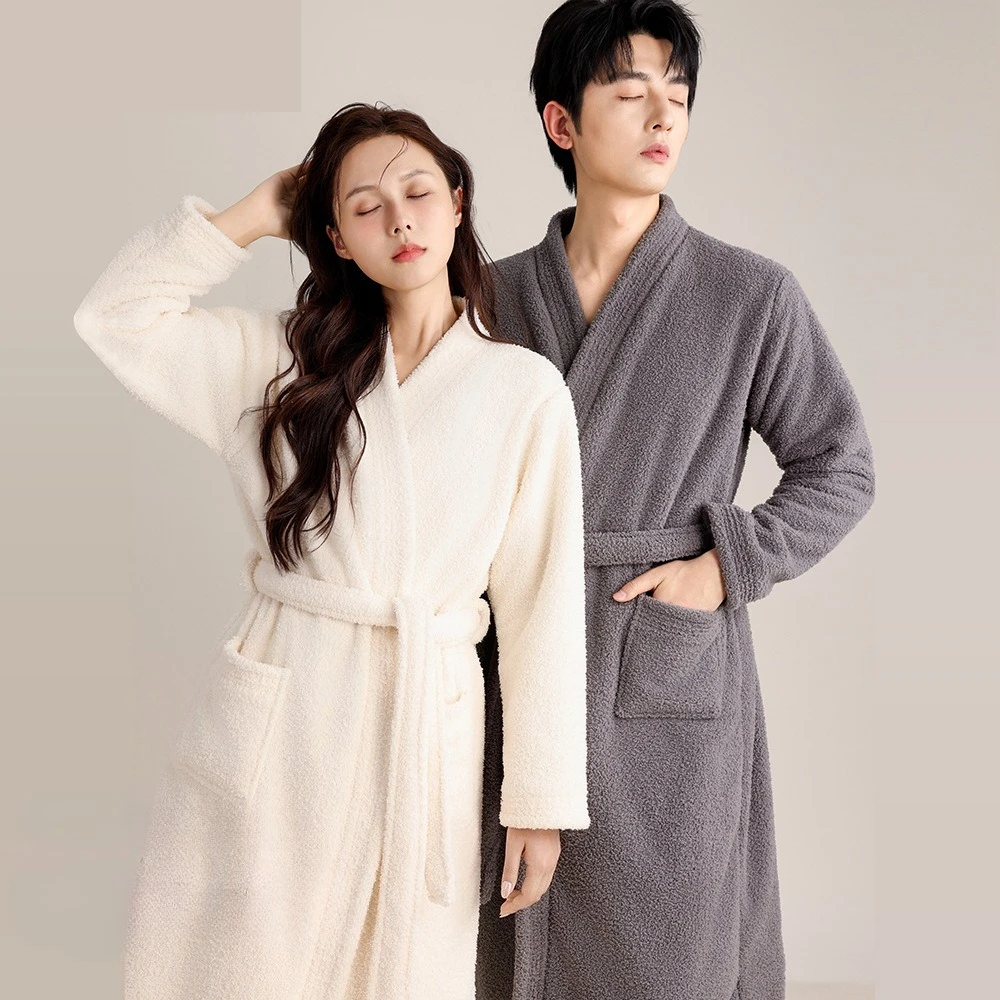 

Thick Coral Fleece Robe Winter Long Home Bathroom Ladies Hotel Large Size Comfortable Warm Sleepwear V-Neck Long Sleeve