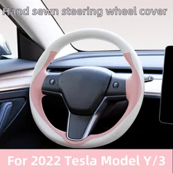 Steering Wheel Cover Hand Sewn Napa Leather Car Interior Ice Plum Pink Car Handle Cover For 2022 2021 Tesla Model 3 Model Y