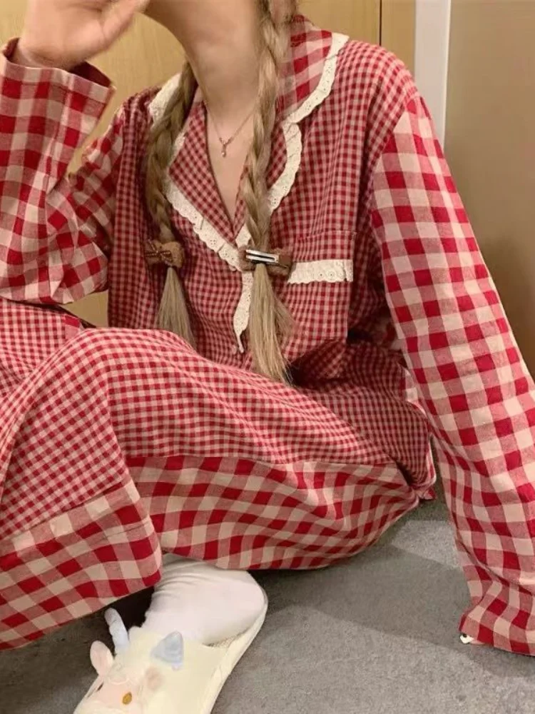 Plaid Pajama Sets Women Sweet Design Spring Pockets Fashion Sleepwear Ins Korean Style Vintage Home Wear Long Sleeve Soft Casual