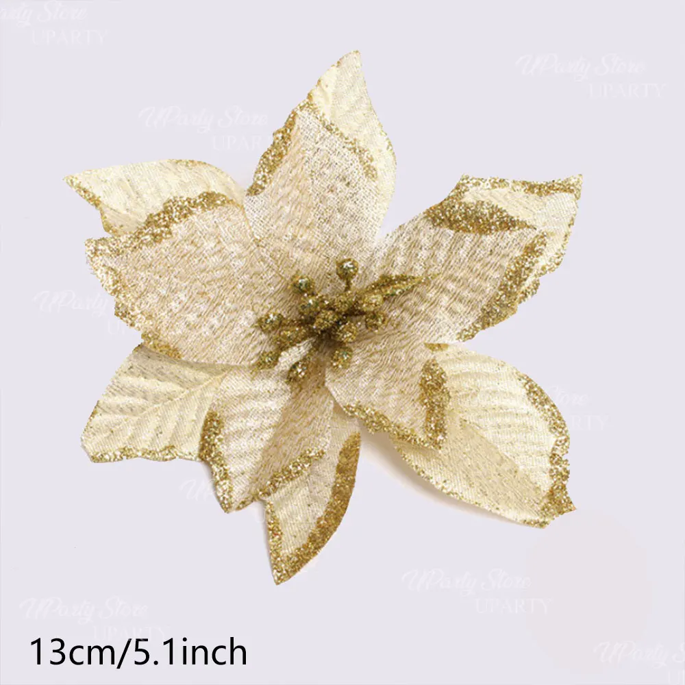 10 Stück künstliche Weihnachtsblumen, 13 cm, glitzernde goldrote Weihnachtsstern-Blumen für Weihnachtsbaum, DIY-Kranz, Weihnachtsfeier-Dekorationen – Detail 2