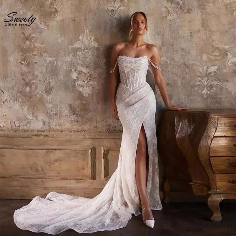 Robes de mariée sirène romantiques en organza avec dentelle brodée, robe de bal pour femmes rondes, manches longues, sans bretelles, sur mesure, grande taille.