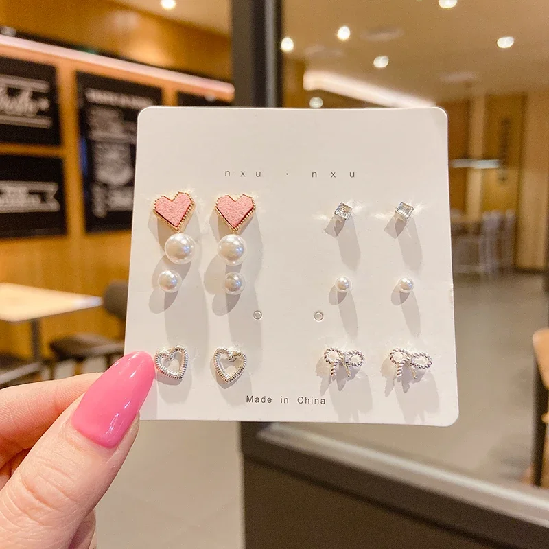 Pink Heart Bowknot Pearl Stud Earrings Set for Women product photo