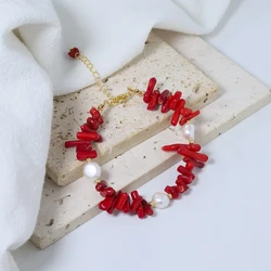 Natural Freshwater Pearl Red Coral Stone Bead Bracelet Korean Women's Luxury Jewelry Fashion Women's and Girls' Gifts GB1123