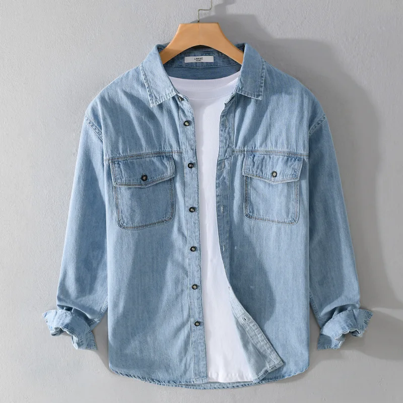 

100% Cotton Denim Long Sleeve Shirts for Men Vintage Light Blue Wash Soft Blouses 24ss Y2k Classic Casual Youth Male Loose Tops