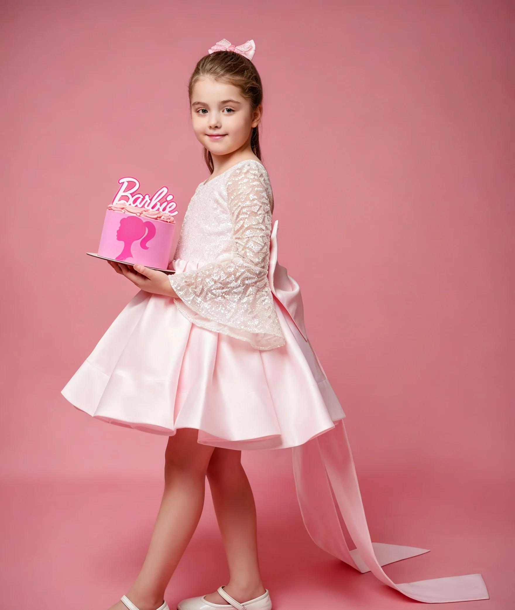 Elegant Pink Flower Girl Dresses for Wedding Lace Full Sleeves with Bow Knee Lenght Birthday Party First Communion Gown Custom