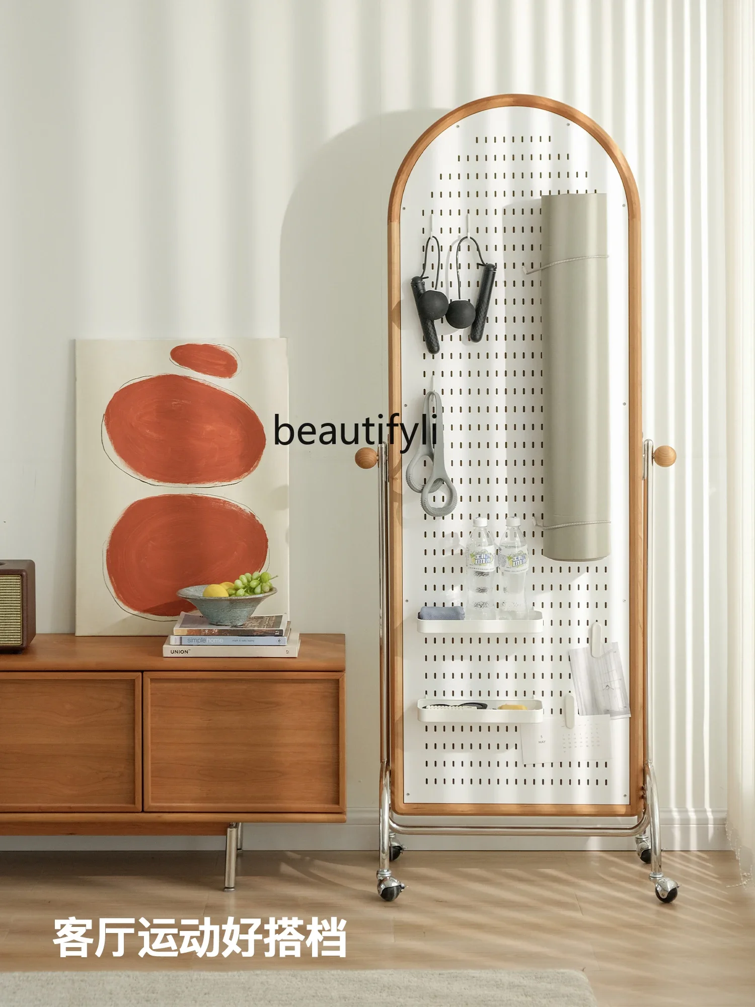 Mobile Full-Length Mirror Solid Wood Floor Home Bedroom Dressing Mirror Wire-Wrap Board Storage Coat Rack Mirror