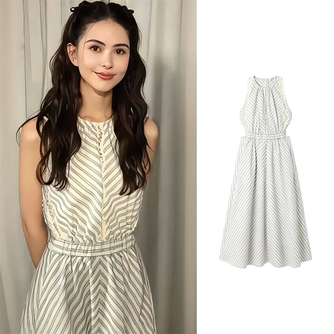

French S Style Lace Waist Cinching Striped Light Color Dress Han Chao Casual Breathable Cotton Summer Sleeveless a Line Dress