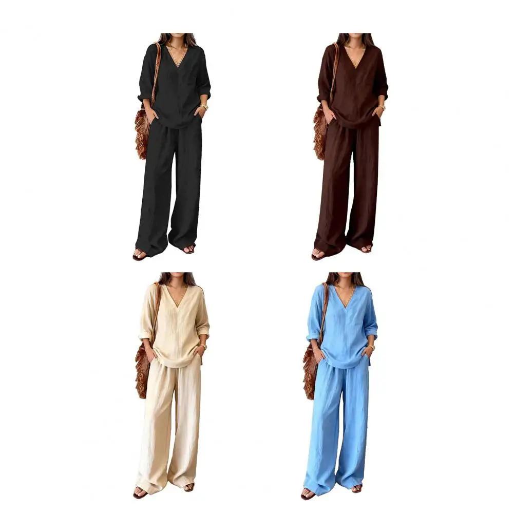 

Spring Autumn Cotton Linen Long Sleeved shirt + Long Pants Two-piece Set Women Casual V-neck Shirt Drawstring Wide leg Pant Suit