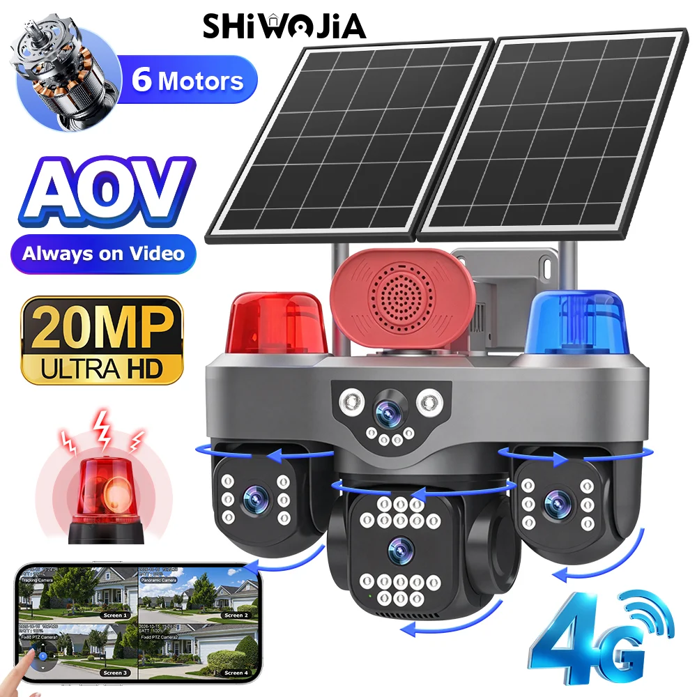 SHIWOJIA 20MP 4G AOV 24/7 4 Lens 6 Motors with Red Blue Outdoor AI Humanoid Tracking Color Night Vision PTZ Cam Hi easy app