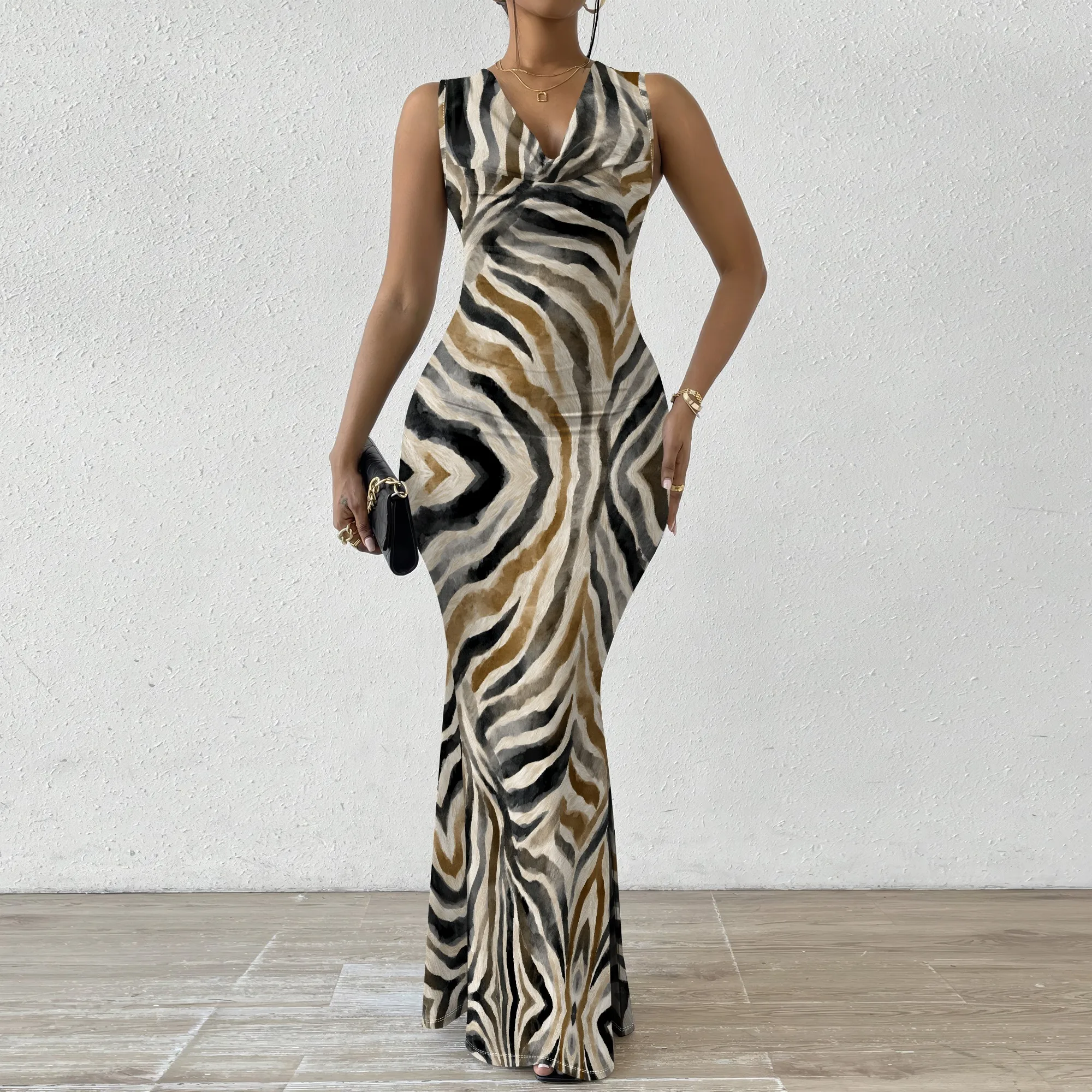 

Zebra Print Maxi Dress XS-2XL Sleeveless V-Neck Cowl Style for African Event, Cultural Party or Elegant Dinner Look
