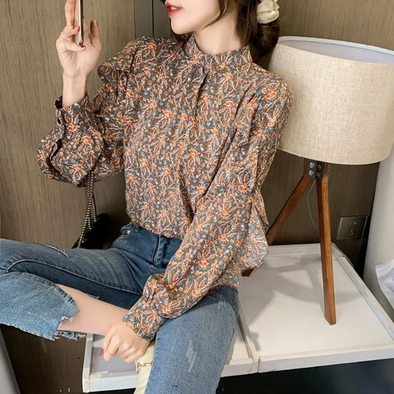 Women Spring Wear New Stand Collar Pullovers Chiffon Bottom Shirt Fashion Printed Loose Casual T-shirt Ruffled Long Sleeves Tops