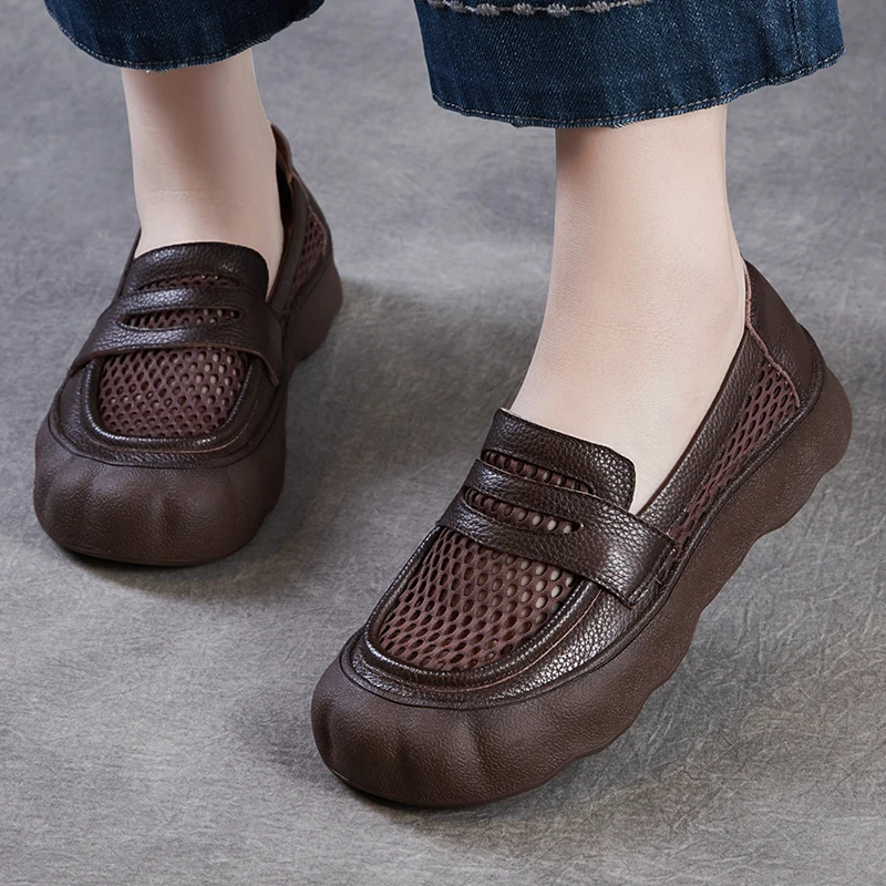 Leather Large Size Women's Shoes Soft Bottom Hollow Mesh Slip-On Casual Loafers Breathable Black Single Shoes Leisure Footwear