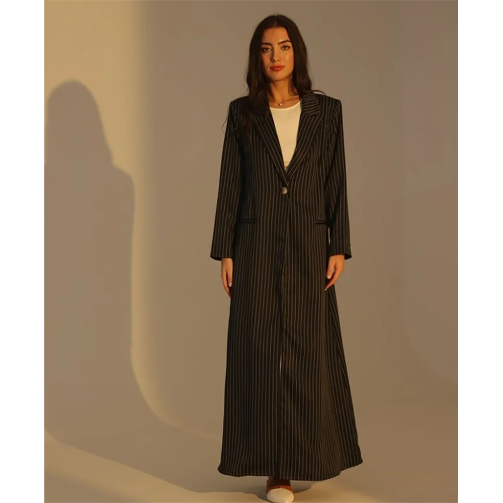 Black Striped Women Long Jacket Single Button Female Daily Coat Formal Ankle Length Dress jaqueta feminina