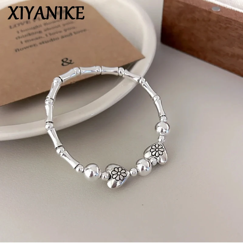 

XIYANIKE Love Heart Bead Flower Bamboo Splicing Design Elastic Bracelet For Women Sweet Fashion New Trendy Jewelry Gift Party