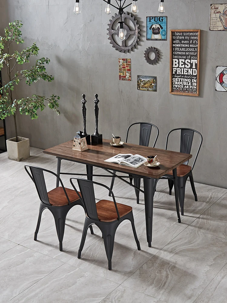 American-style industrial style, old elm, solid wood house, café bar, vintage wrought iron dining table and chairs