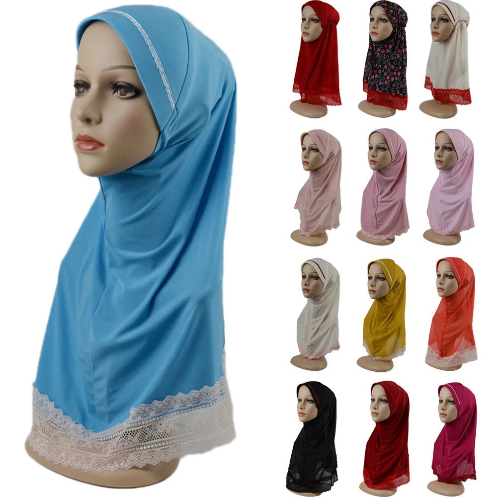 High Quality Medium Size Muslim Amira Hijab with Lace Pull On Islamic Scarf Head Wrap Pray Scarves Headwear for Big Girls 6-12Y