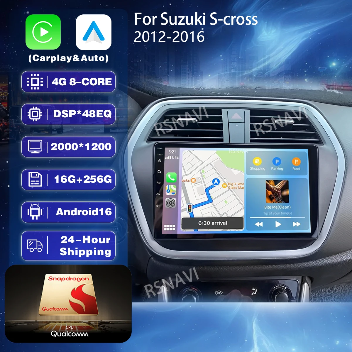 Android 16 Carplay Auto 2K Screen Car Radio Multimedia Player Screen steering wheel  control  For Suzuki S Cross SX4 2012 - 2016