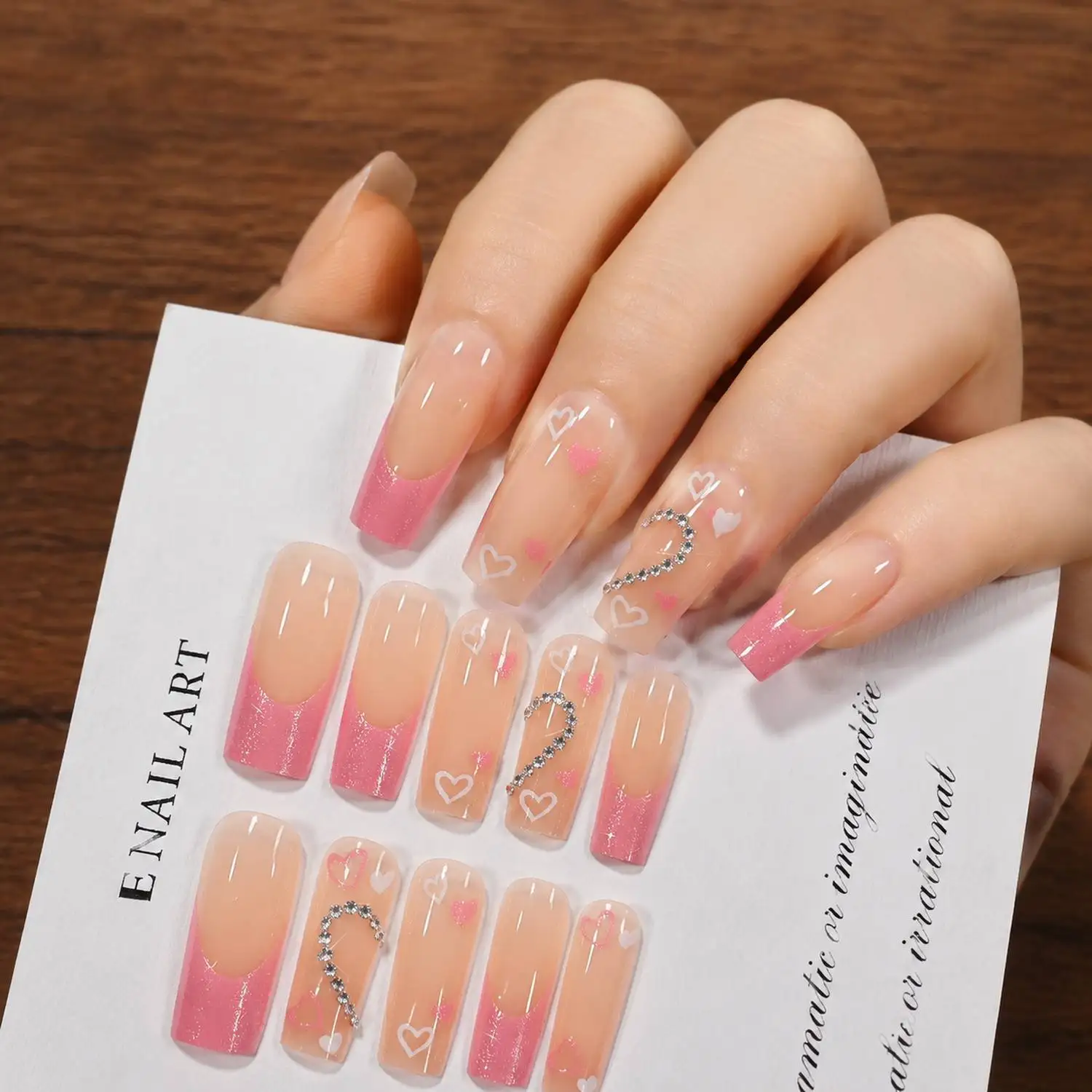 24Pcs Sparkle French Tip Pink Heart Press On Nail Heart Wedding Fake Nail Romantic False Nail With Jelly Glue&File Manicure Tips