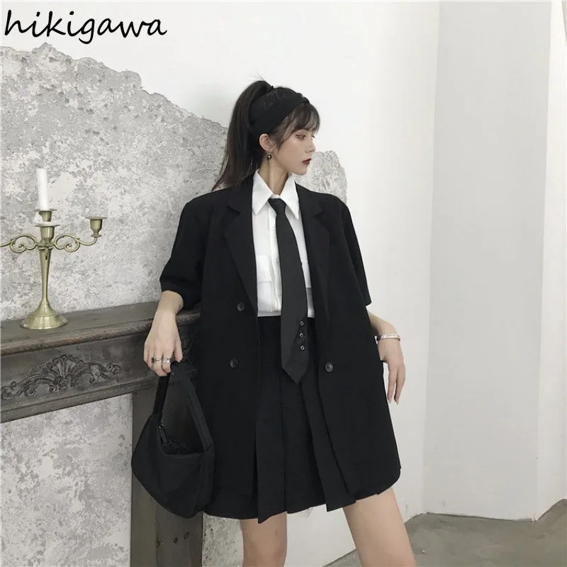 Black Blazer Mujer De Moda 2024 Summer Thin Harajuku Jackets Short Sleeve Double-breasted Oversized Tops Fashion Casual Coat