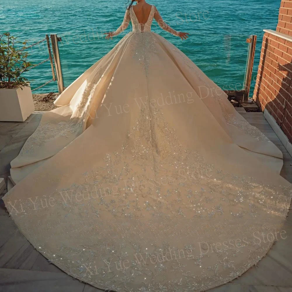 Exquisitos vestidos De Novia con cuello cuadrado, cuentas brillantes, vestidos De Novia con lentejuelas, apliques De manga larga, Vestido De Novia personalizado