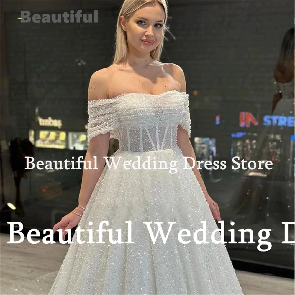 Beautiful Dress Luxury Wedding Dress Sparkly Sequin Boat Neck Short Sleeves A-Line Sweep Train Bridal Dress Women Eveing Dress