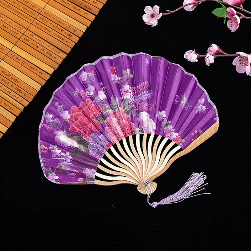 Beautiful Flower Dancing Fans Folding Handheld Floral Fan Dance Performance Stage Prop Wedding Party Dance Bamboo Fans Japanese