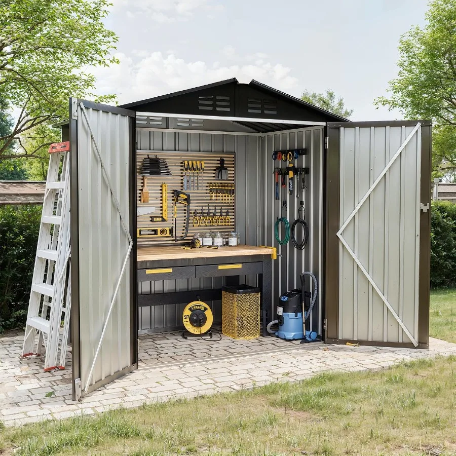 Weather-Resistant Metal Outdoor Storage for Gardens Galvanized Steel, Charcoal Gray, Sloped Roof Double Lockable Doors for Bike