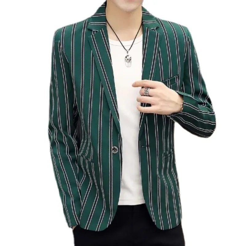 Mens Stripe Printing Spring Blazer  Jacket Top Slim Fit  Suit Casual Men's One Buckle  Coat