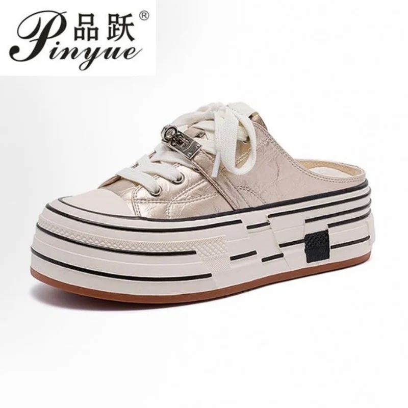 

Women Genuine leather Summer New Thick Soles Increase Slippers Trend All Lazy People A Slip-on Half Drag Fashion Casual shoes