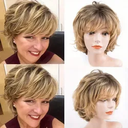 Woman Gold Short Synthetic Hair Loose Wave Dark Roots Heat Resistant Water Wave Blonde Costume Party Wig Mommy Daily Use