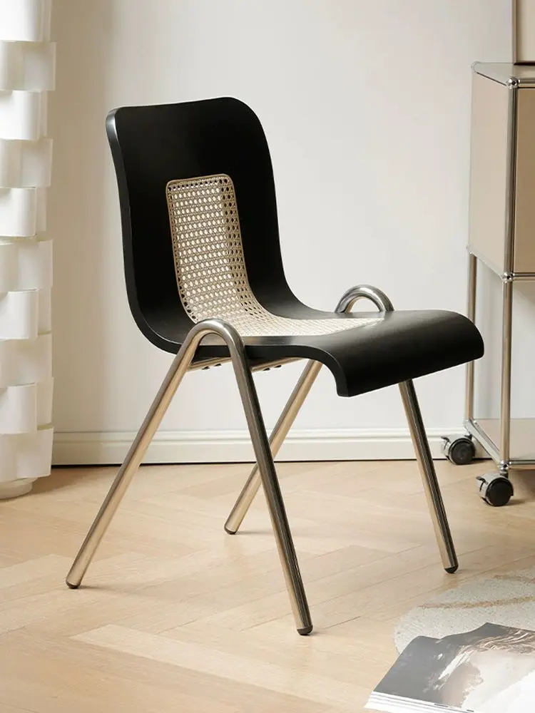 Home Restaurant Creative Rattan Backrest Dining Chair Living Room Bedroom Comfortable Stainless Steel Solid Wood Backrest Stool