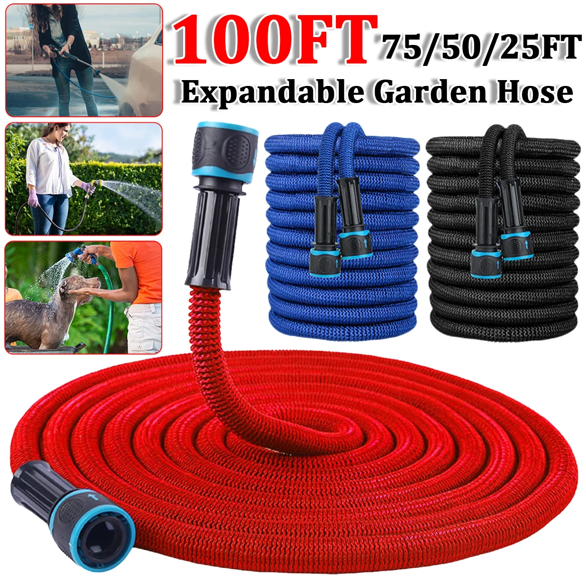 25FT-100FT Expandable Flexible Water Hose Car Wash Hose Water Gun Hose Garden Sprayer Gardening Watering Hose Irrigation Tools